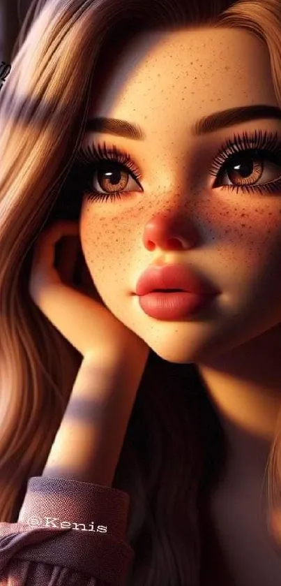 Beautifully illustrated portrait of a freckled girl with warm lighting.