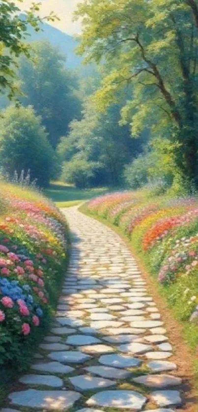 Serene garden pathway with colorful flowers.