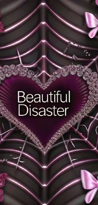 Gothic heart wallpaper with pink bows.