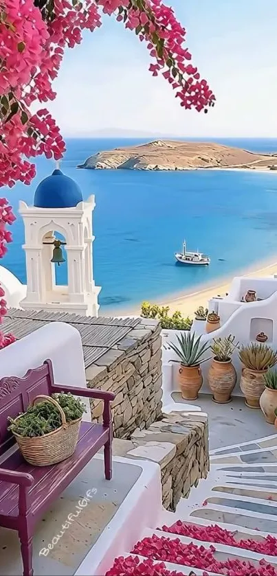 Greek island pathway with sea view and flowers.