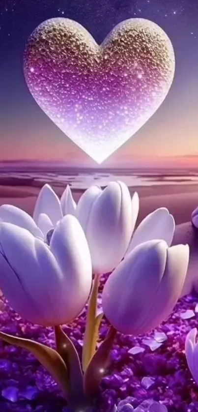 Glowing heart over tulips at sunset.