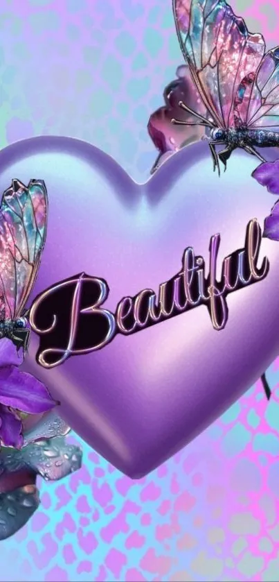 Purple heart with butterflies and flowers on a pastel backdrop.