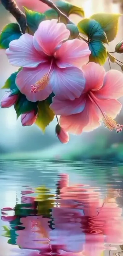 Digital art of pink hibiscus flowers reflecting in tranquil water.