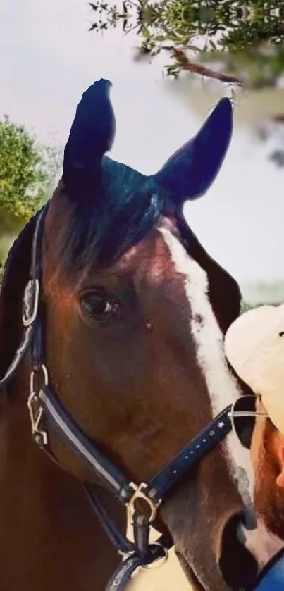 Majestic brown horse close-up with lush green background.