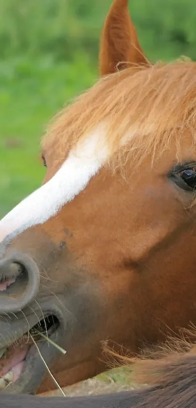 Brown horse with lush green background wallpaper.