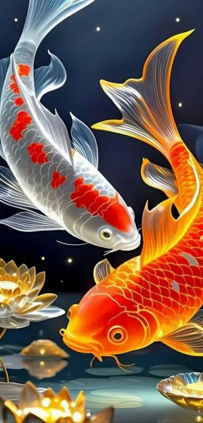 Colorful koi fish swim with glowing lotus flowers.
