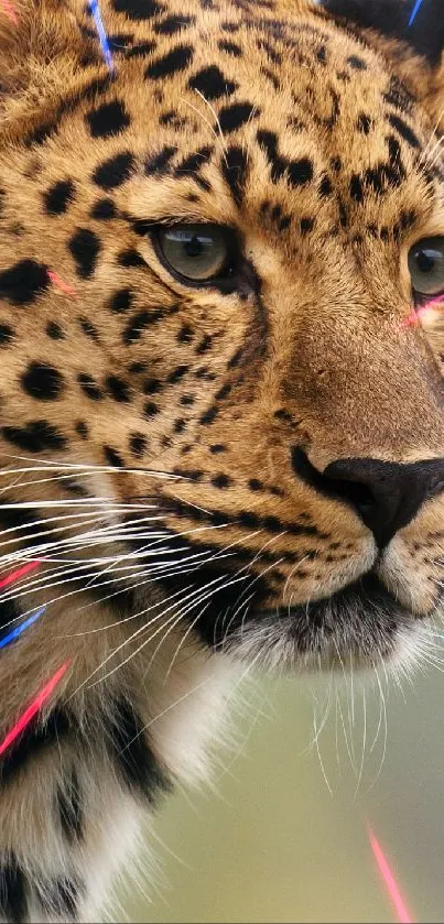 Close-up of a leopard with colorful accents on fur, highlighting its spots.