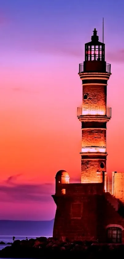 Wallpaper of a lighthouse against a vibrant sunset sky over the ocean.