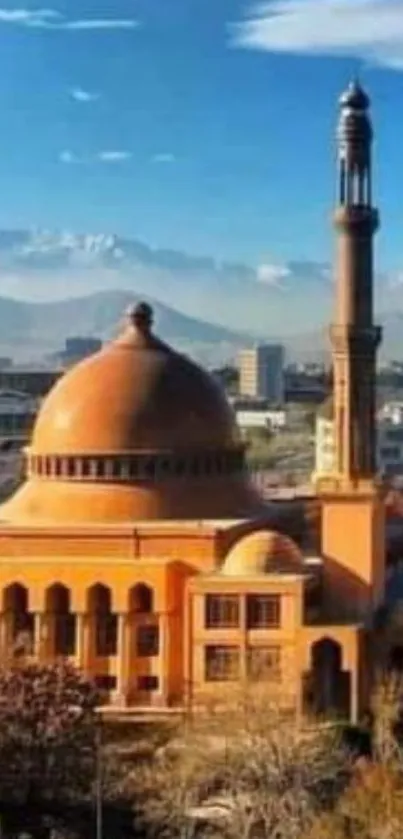 Majestic mosque cityscape under blue sky, perfect for phone wallpaper.