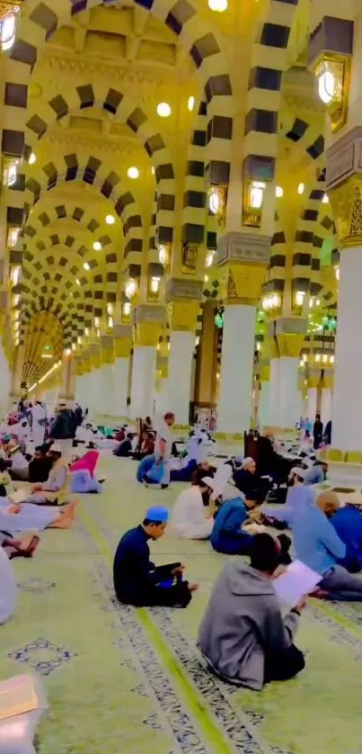 Interior of a mosque with people gathered for prayer and study.