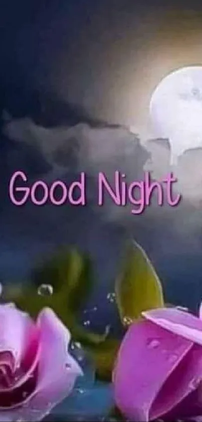 Pink roses with dewdrops under a moonlit sky and 'Good Night' text.