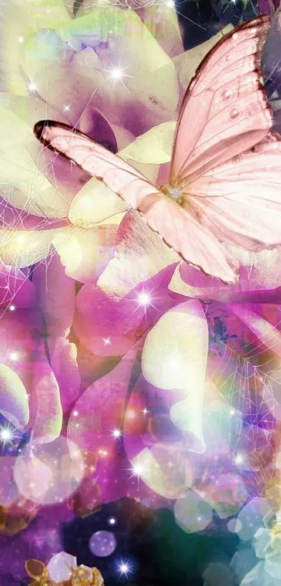 Pink and pastel butterfly with ethereal flowers.