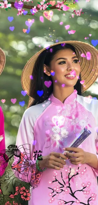 Woman in a pink Ao Dai with hearts and a traditional hat.