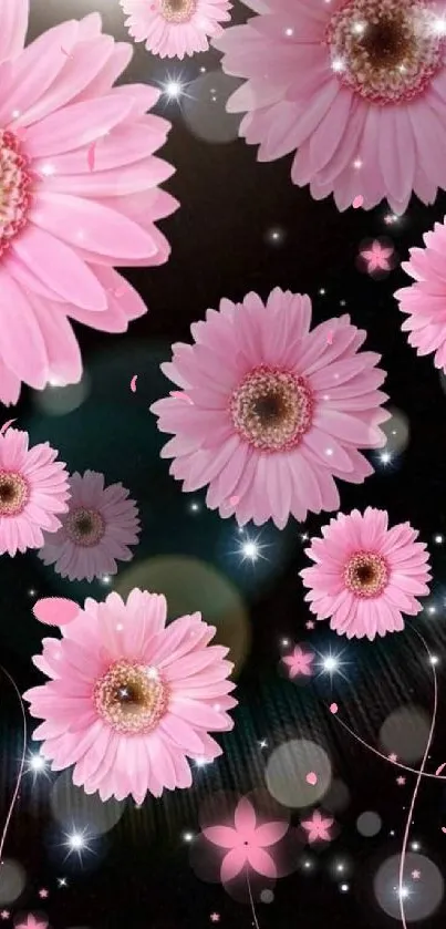 Pink flowers on a black background. Elegant mobile wallpaper.