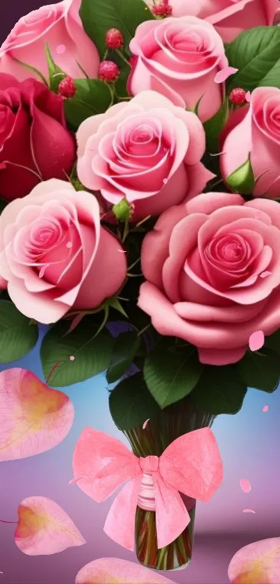 Pink rose bouquet with leaves and petals on a romantic wallpaper.