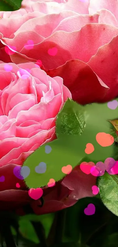 Close-up of vibrant pink roses with lush green leaves.