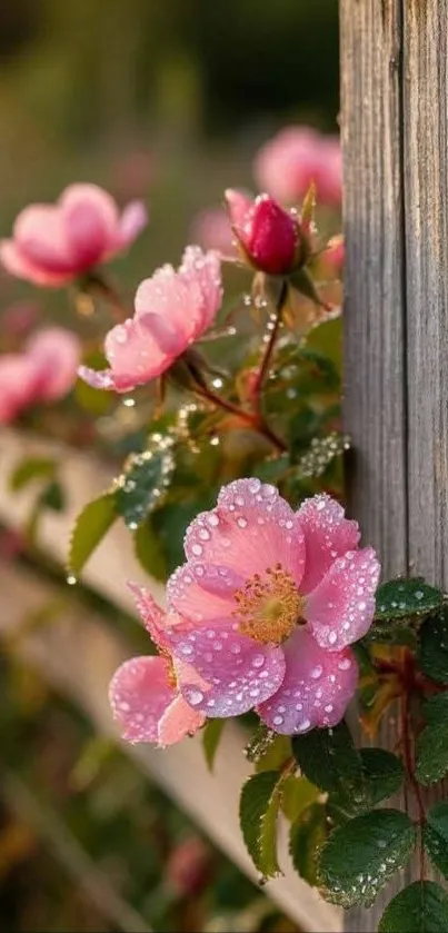Pink roses with dewdrops on rustic wooden fence.