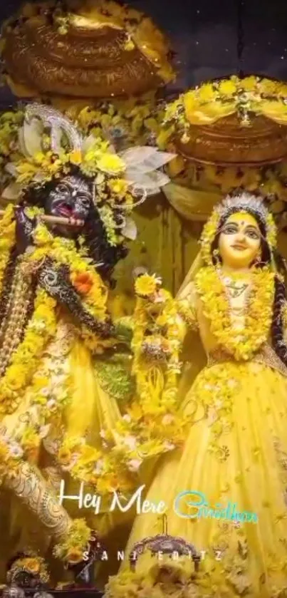 Radha Krishna artwork with vibrant yellow garlands and traditional attire.