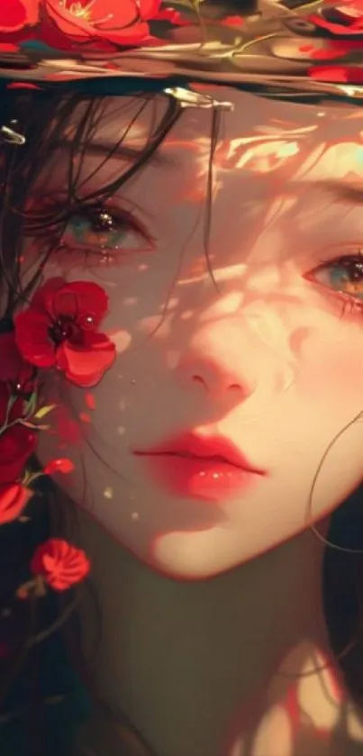 Anime girl with red flowers and enchanting expression in elegant style.