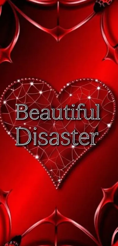 Striking red heart wallpaper with text 'Beautiful Disaster'.