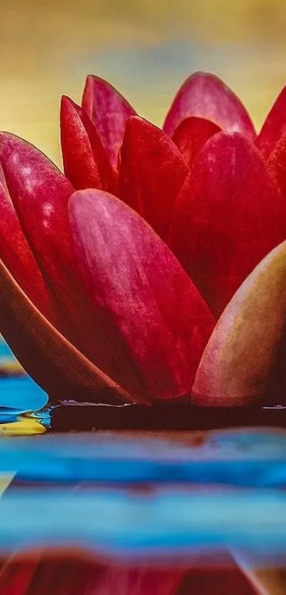 A vibrant red lotus flower reflecting in calm water, perfect for phone wallpaper.