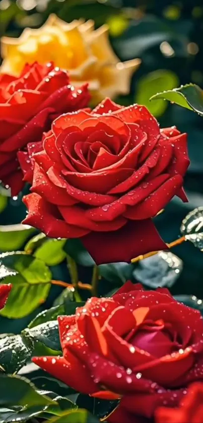 Close-up of vibrant red roses with water droplets.