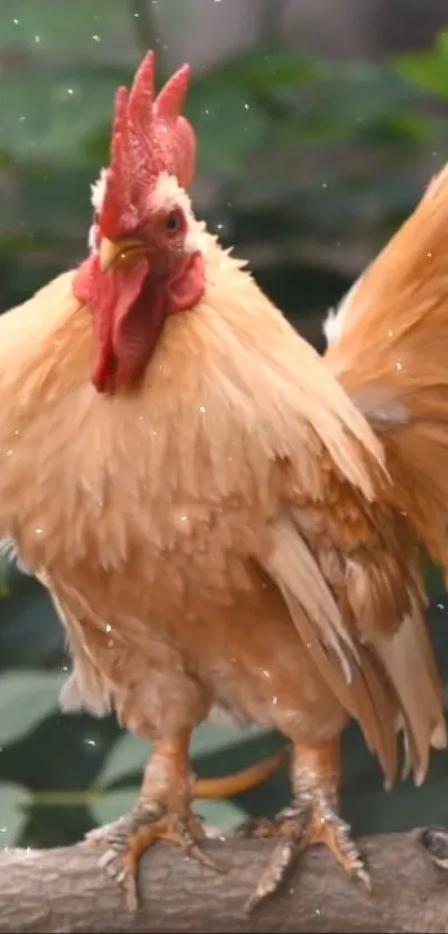 A vibrant rooster perched on a branch in a natural setting.