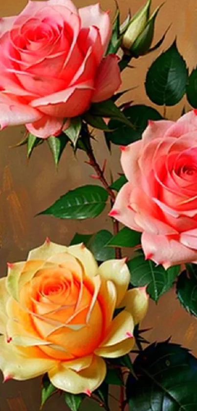 Mobile wallpaper with vibrant roses in pink and yellow hues.