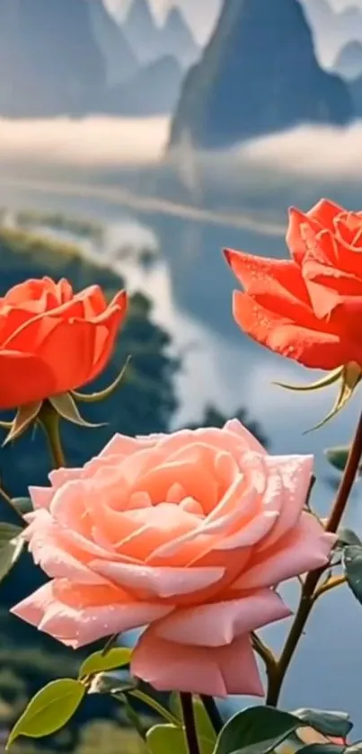 Vibrant roses set against a stunning mountain backdrop with mist.