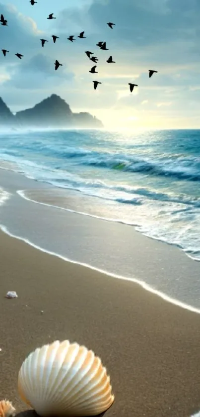 Serene seaside view with waves, shell, and birds in the sky on a sandy beach.