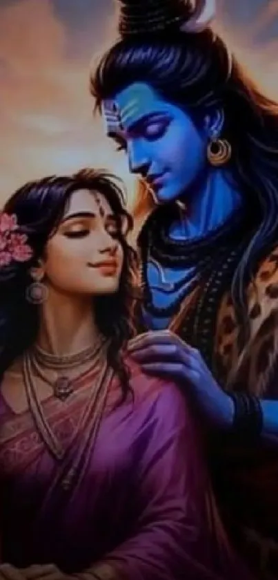 Spiritual couple art with divine serene beauty in vibrant colors.