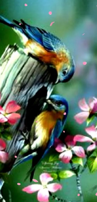 Two colorful birds on a branch with pink blossoms in a spring setting.