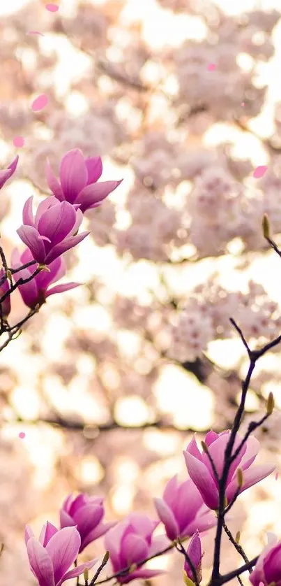 Vibrant pink blossoms on tree branches against a soft background.