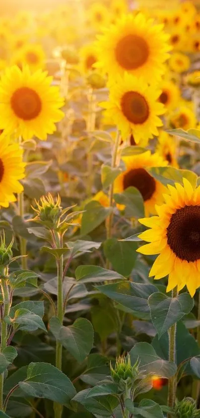 Vibrant field of sunflowers under the golden sunset.