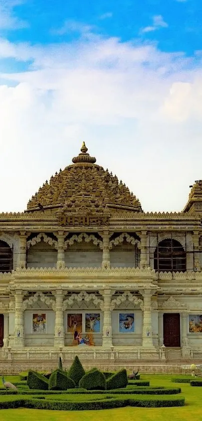 Majestic temple with blue sky and intricate architectural design.