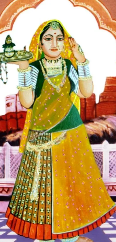 Traditional Indian woman in colorful attire as mobile wallpaper.