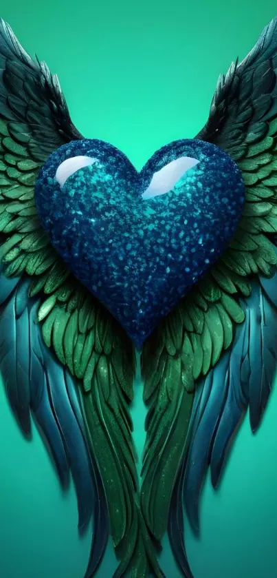 A sparkling blue heart with angel wings against a teal background.
