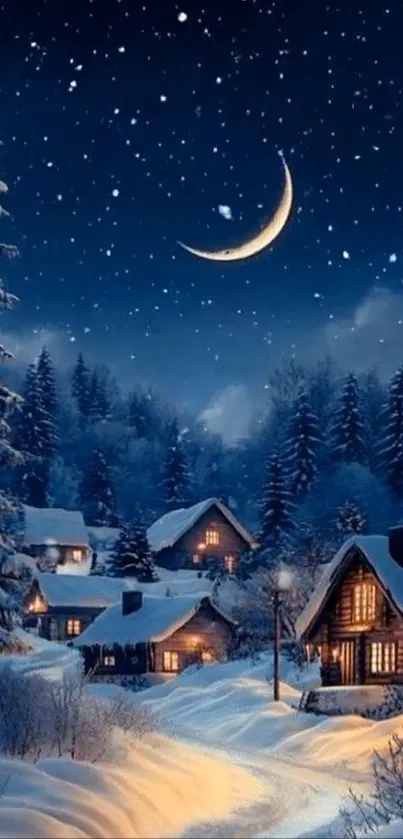 Snowy village under starry night sky with crescent moon.