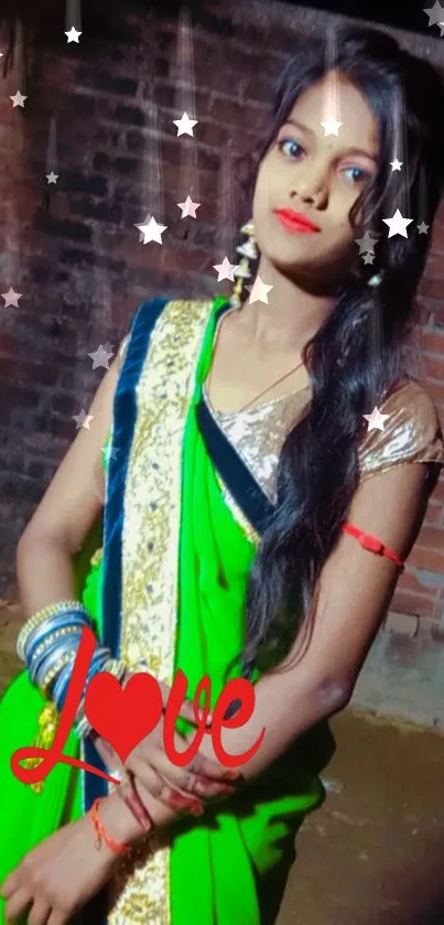 A woman in a green saree with stars and a 'Love' graphic.