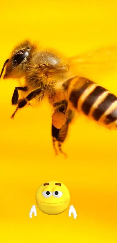 Vibrant yellow wallpaper featuring a bee and cute emoji in the center.