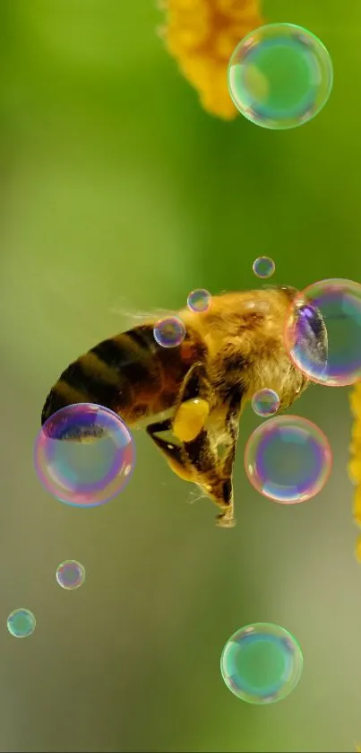 Bee surrounded by colorful bubbles and flowers.