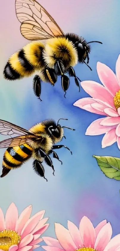 Watercolor bees and pink flowers on a vibrant background.