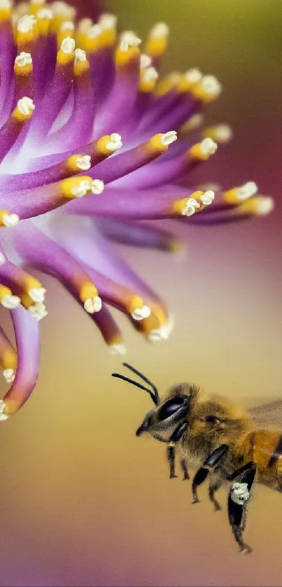 Bee approaching a vibrant flower with vivid purple petals.