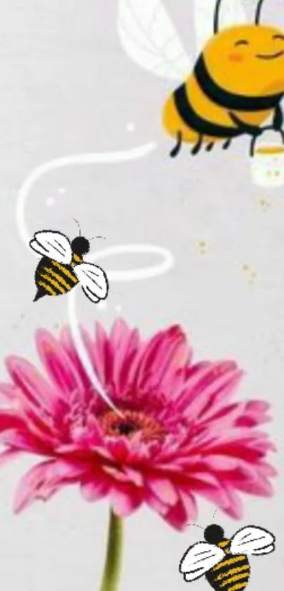 Cartoon bees and pink flower wallpaper on gray.