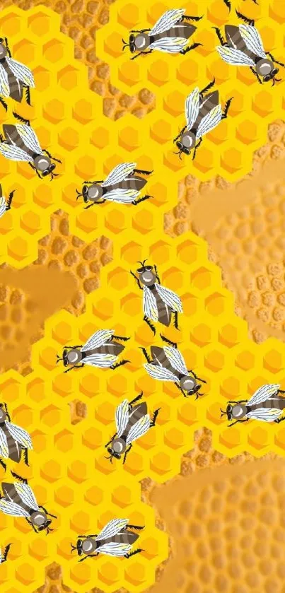 Mobile wallpaper with vibrant bee and honeycomb design.