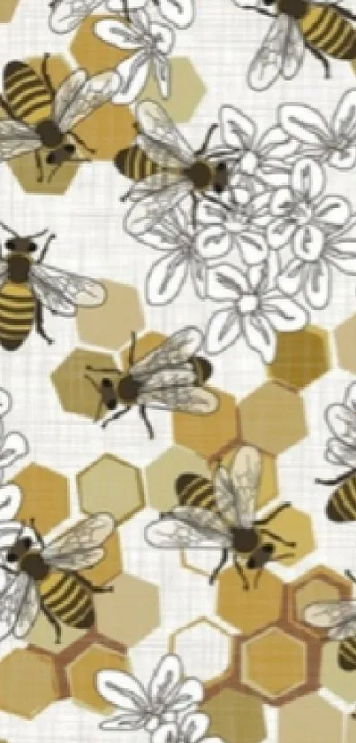 Bee and honeycomb pattern wallpaper with floral design.