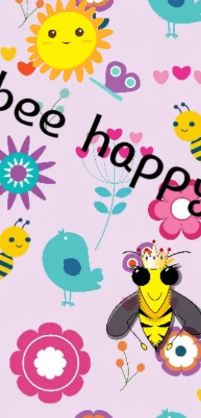 Cheerful bee wallpaper with flowers and positive message.