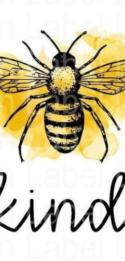 Bee illustration wallpaper with "kind" text on yellow background.