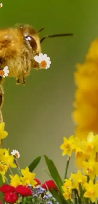 Bee on vibrant flowers with green background.