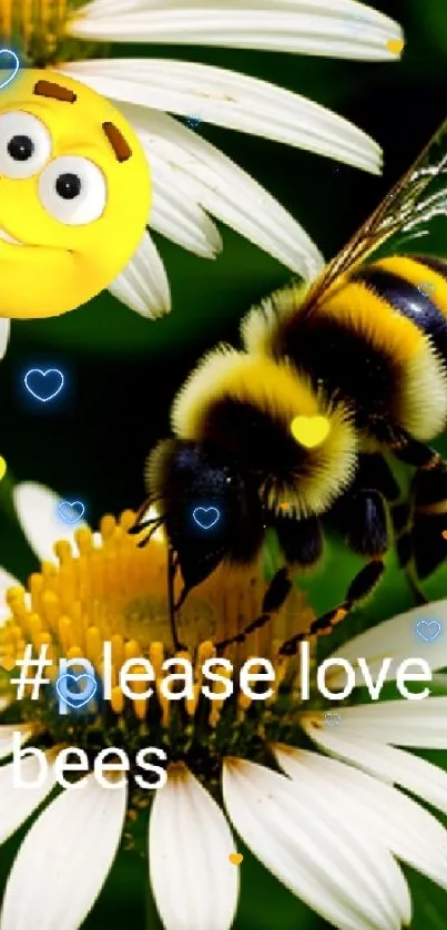 Bee and emoji on daisy flower wallpaper, with text #please love bees.